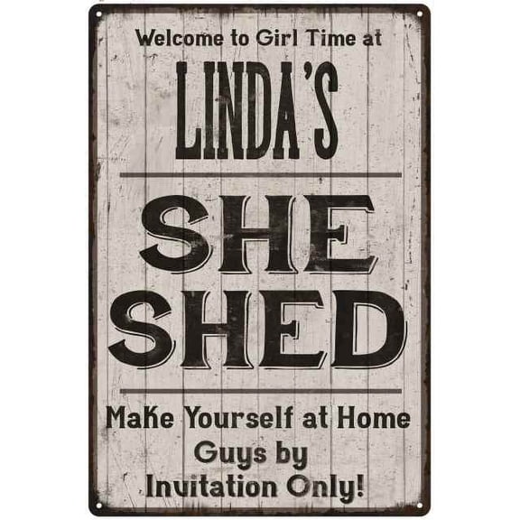 LINDA'S She Shed Sign Lady Cave Gift 8 x 12 High Gloss Metal 208120082006