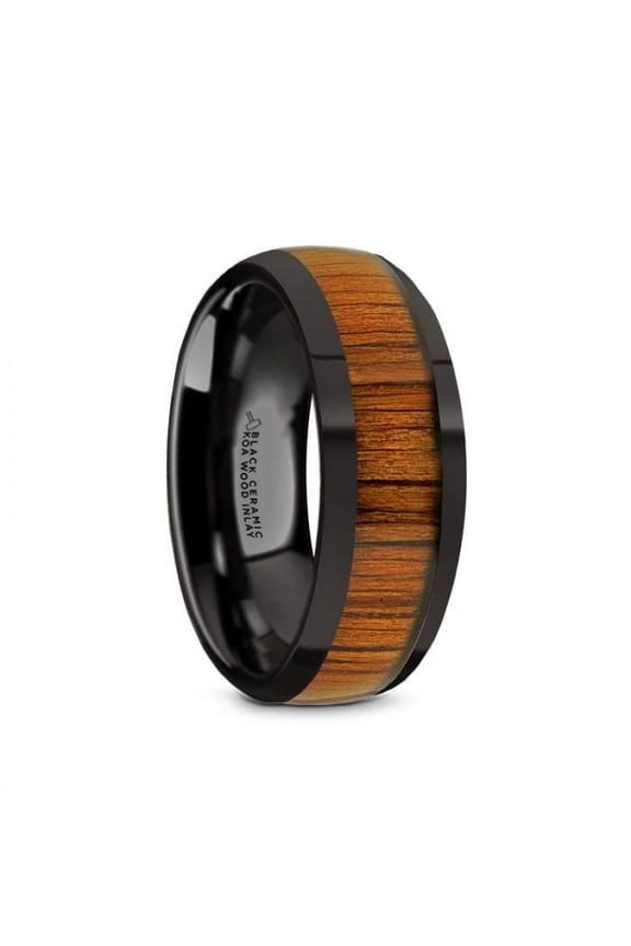 LINDEN Black Ceramic Polished Finish Men’s Domed Wedding Band with Koa Wood Inlay - 8mm
