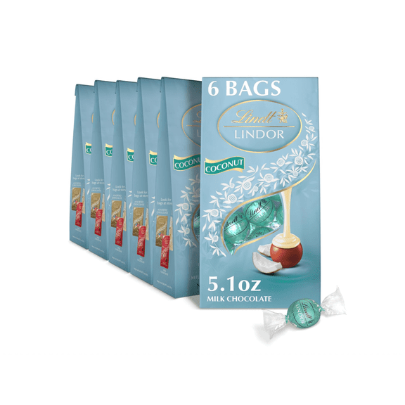 LINDOR Coconut Milk Chocolate Truffles, Milk Chocolate Candy with Smooth, Melting Truffle Center, Great for gift giving, 5.1 oz. Bag (6 Pack)