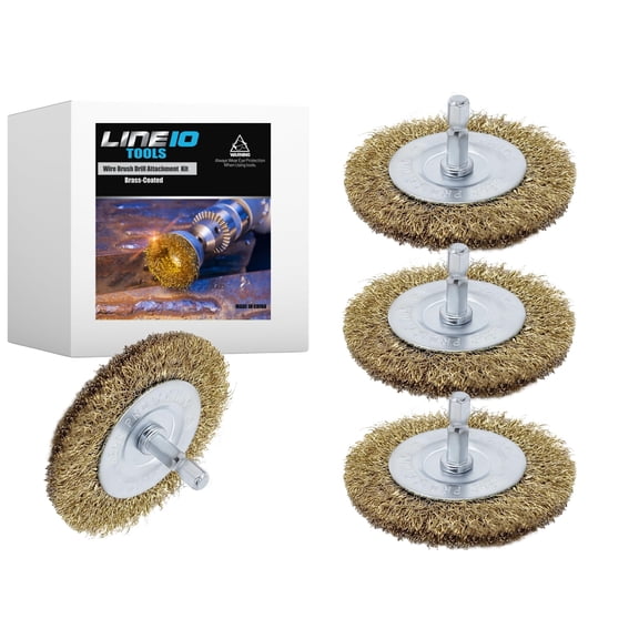 LINE10 Tools Wire Wheel Brush for Drill 3 inch Diameter, Brass-Coated 4 x 3 Wire Wheel Brush