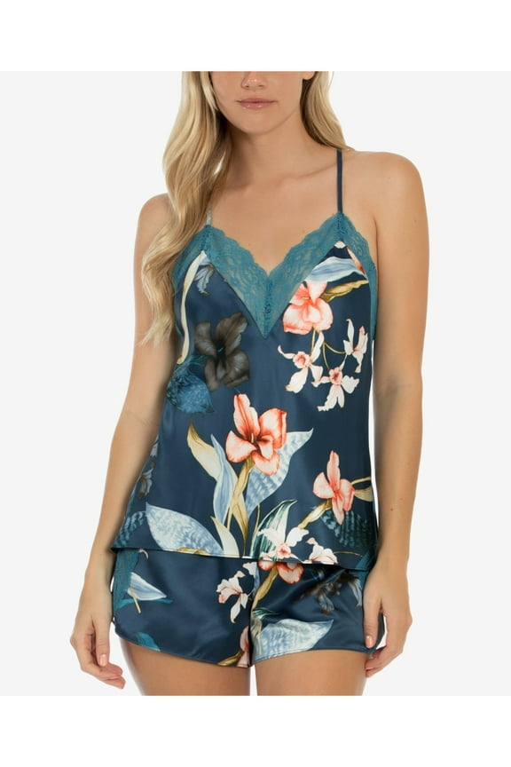 Sets Teal Satin Lace Trim Floral Spaghetti Strap V Neck Cami Sleepwear  Size XL