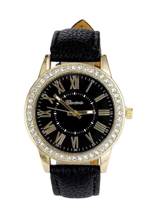 Black Faux Leather Watch Crystal Dial Roman Numerals