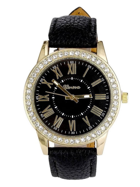 Black Faux Leather Watch Crystal Dial Roman Numerals