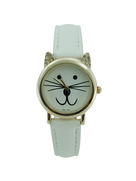 Cat Face Watch Crystal Ears White Band