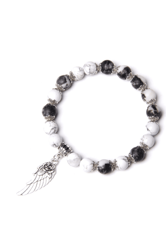 Howlite Beaded Bracelet Silver Angel Wing Charm Black White Stone Stretch Bracelet