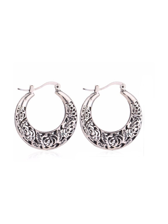 Ladies Silver Filigree Thick Hoop Earrings 1.25" Silver Hoop Earrings Silver Posts