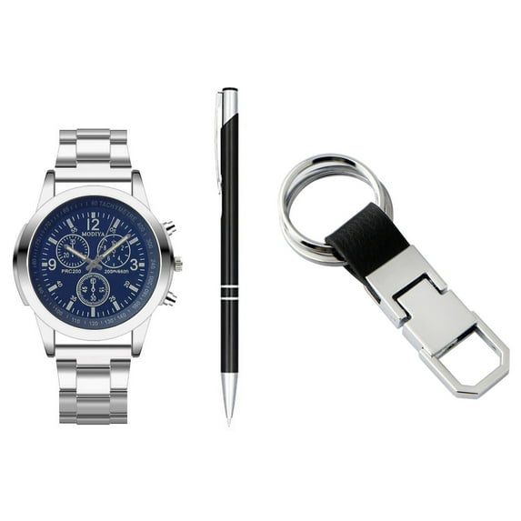 LINEL Mens Watch Set Key Chain Pin Metal Mens Watch Blue Dial