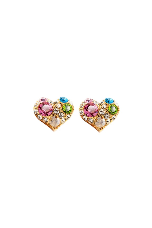 Multicolored Crystals Gold Heart Stud Earrings HEART