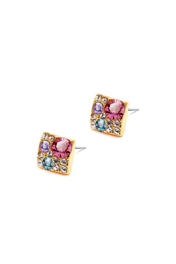 Multicolored Crystals Gold Square Stud Earrings SQUARE