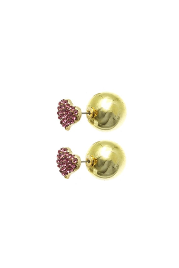 Pink Crystal Heart Stud Earrings Reversible Gold Ball Earrings