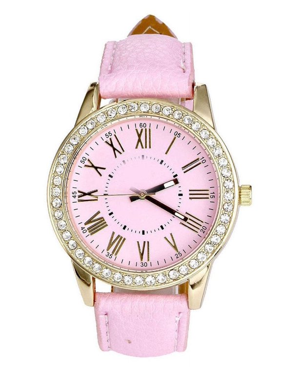 Pink Faux Leather Watch Crystal Dial Roman Numerals