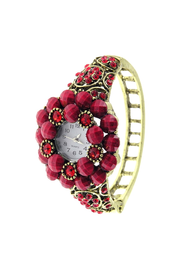 Red Crystal Beaded Bangle Watch Round Easy Read Dial