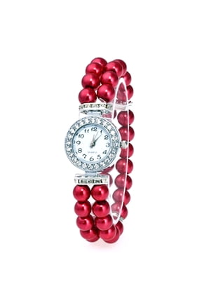 Red Faux Pearl Stretch Band Watch