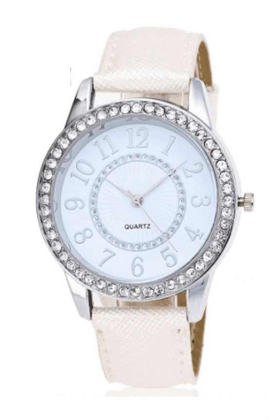 White Faux Leather Watch Crystal Dial Arabic Numbers