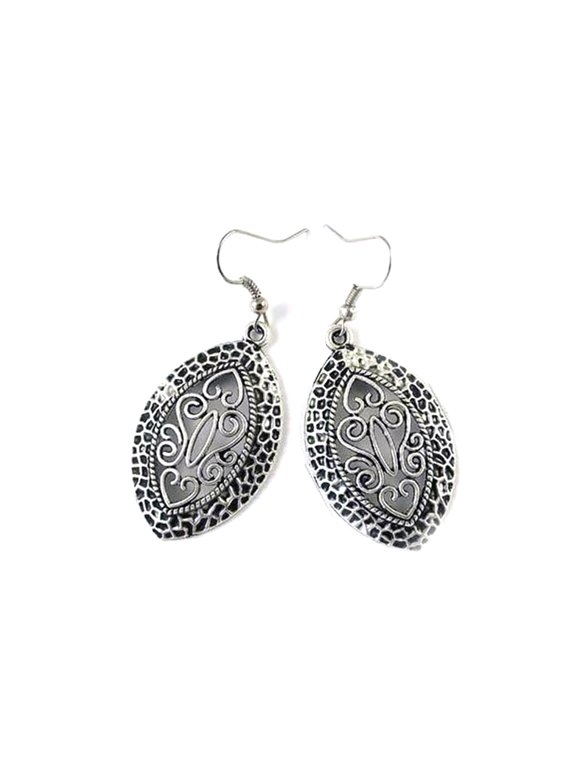 Women Antique Silver Almond Shaped Filigree Dangle Earrings