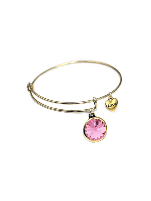 Women Gold Birthstone Bracelet Pink Crystal Charm Gold Heart Love Charm October Pink Goldtone