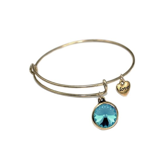 LINEL Women Goldtone Birthstone Bracelet Blue Crystal Charm Gold Heart Love Charm March Light Blue