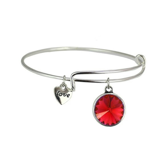 LINEL Women Silvertone Birthstone Bracelet Red Crystal Charm Silver Heart Love Charm January Red