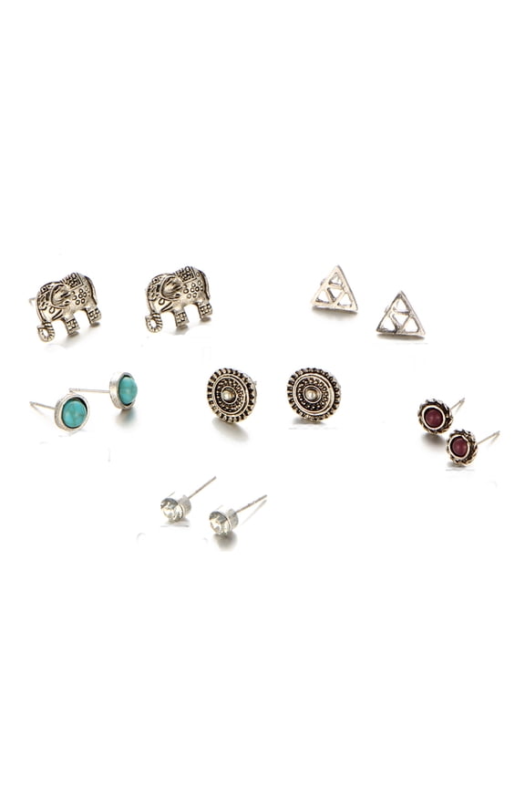Women's Antique Silver Turquoise Elephant Crystal Stud Earrings Set 6 Pairs of Earrings