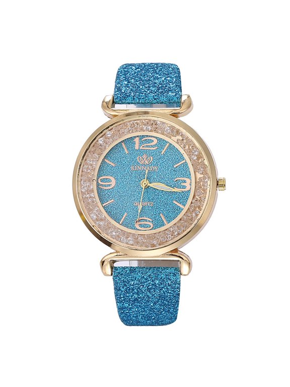Women's Blue Glitter Band Watch Round Dial Crystal Bezel Timepiece