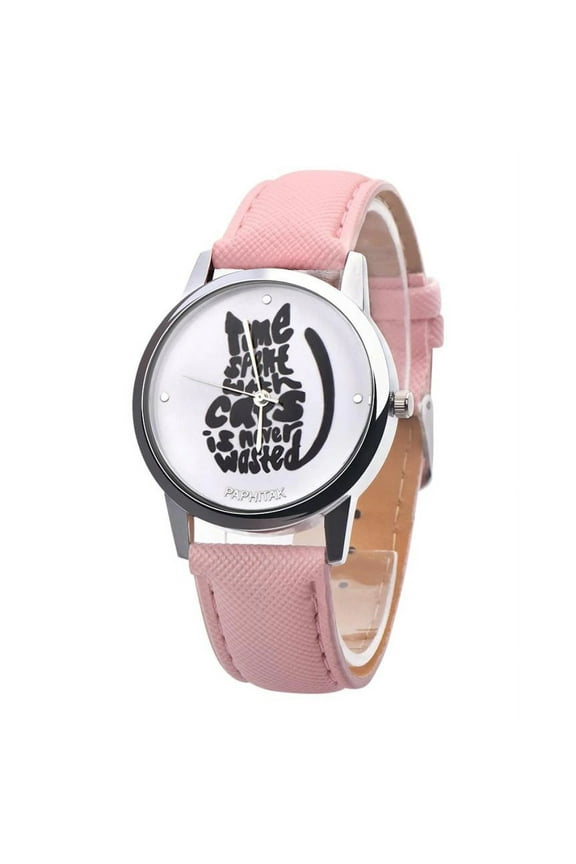 Women's Cat Watch Time Spent With Cats is Never Wasted Message Watch Pink Faux Leather Band Wristwatch