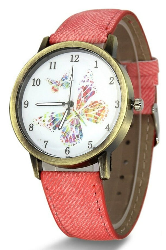 Women's Coral Cloth Band Butterfly Dial Watch Multicolored Butterfly Dial Wristwatch