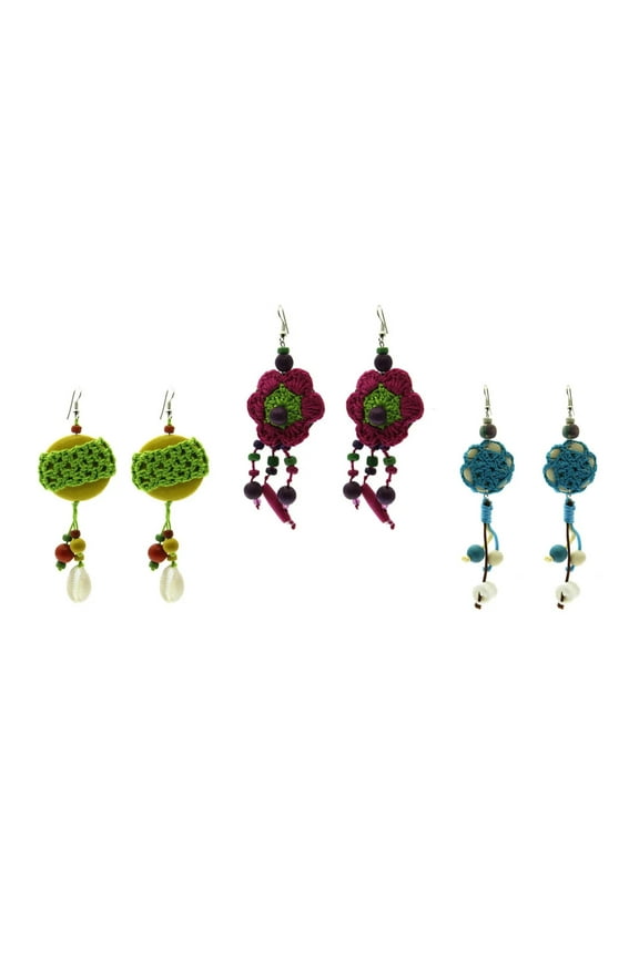 Women's Crocheted Retro Flower Hippie Dangle Earrings Lime Green Purple Blue Set 3 Pairs