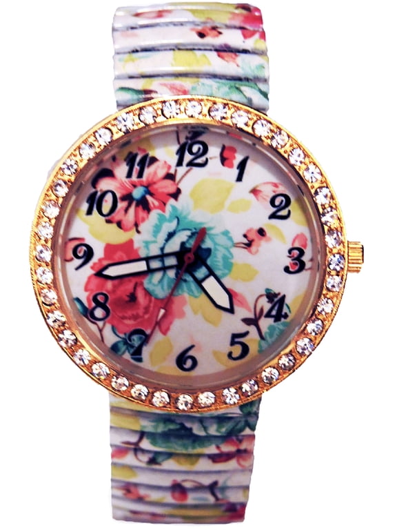 Women's Floral Stretch Band Watch Crystal Bezel White Dial Expansion Band Wristwatch