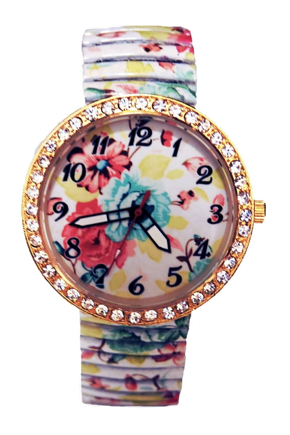 Women's Floral Stretch Band Watch Crystal Bezel White Dial Expansion Band Wristwatch