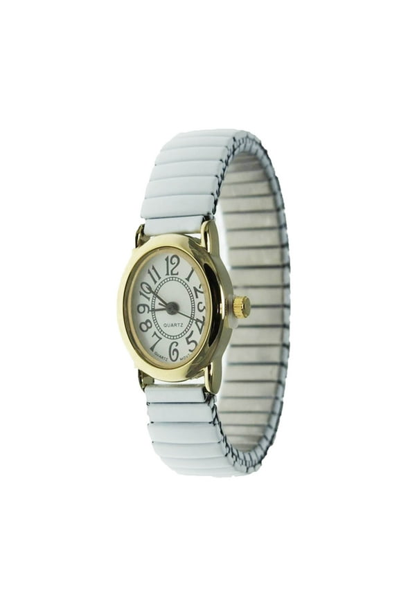 Women's Gold Oval Dial Watch White Stretch Band Easy Read Dial Expansion Band Wristwatch