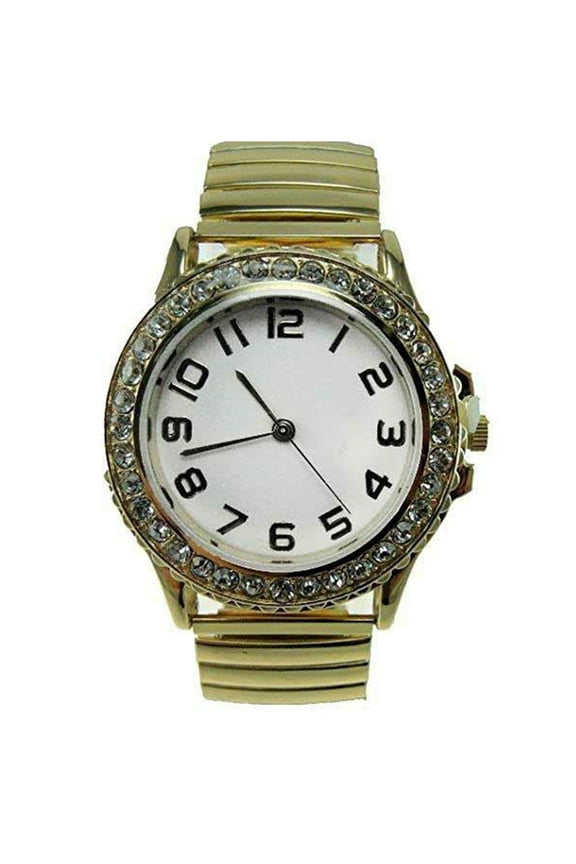 Women's Gold Stretch Band Watch Crystal Bezel White Dial Wristwatch