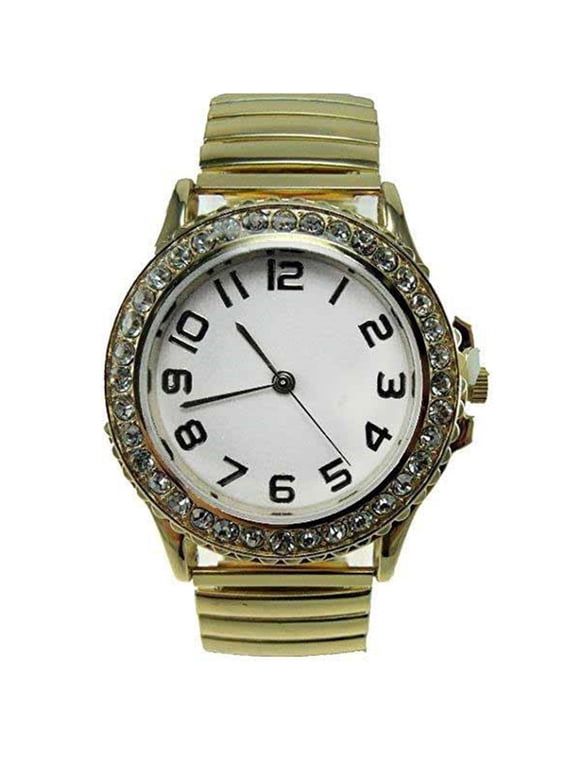 Women's Gold Stretch Band Watch Crystal Bezel White Dial Wristwatch