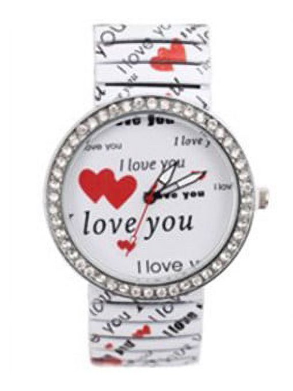 Women's I Love You Stretch Band Watch Red Hearts Crystal Bezel