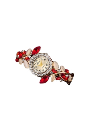 Women's Red Crystal Bangle Watch Round Easy Read Dial Wristwatch