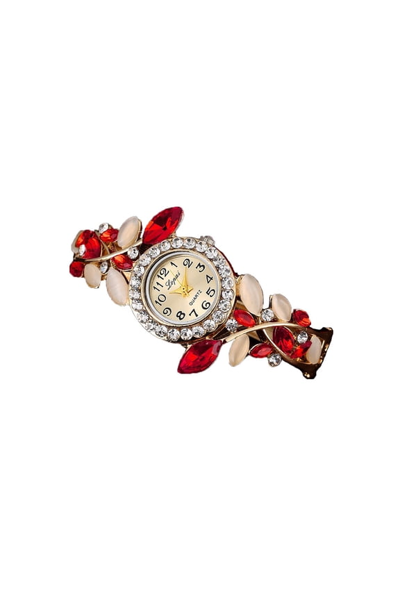 Women's Red Crystal Bangle Watch Round Easy Read Dial Wristwatch