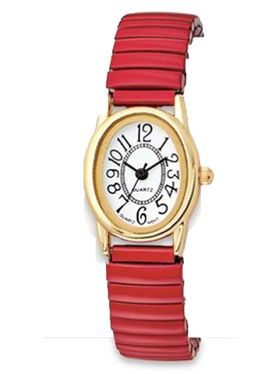 Women's Red Stretch Band Watch Gold Oval Case White Dial Red Expansion Band Watch