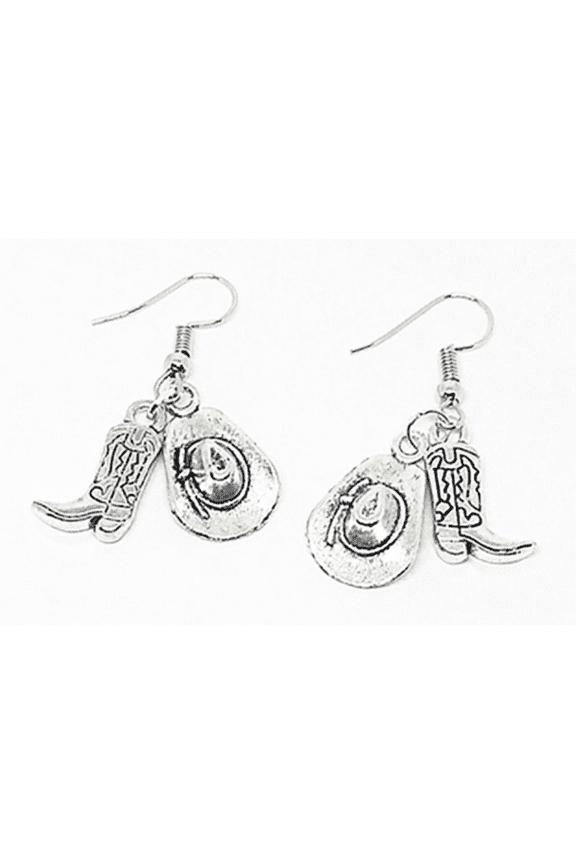 Women's Silver Cowboy Hat Cowboy Boot Western Dangle Earrings Silver Fishhooks 1.5" Drop