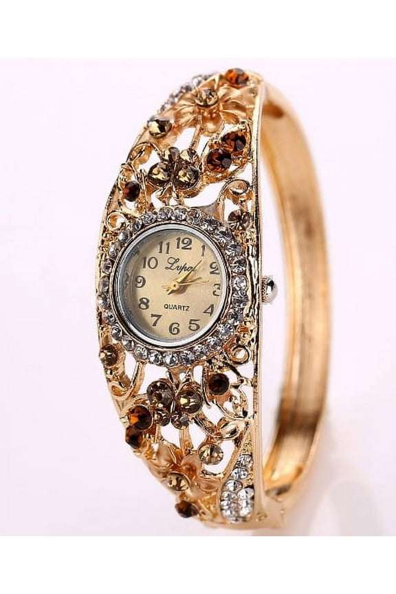 Women's Topaz Stone Bangle Watch Crystal Bezel Round Dial Bracelet Wristwatch
