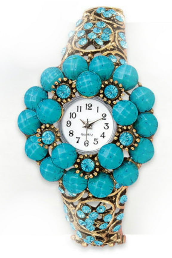 Women's Turquoise Beaded Crystal Bangle Watch Turquoise Beads Crystal Stones Wristwatch