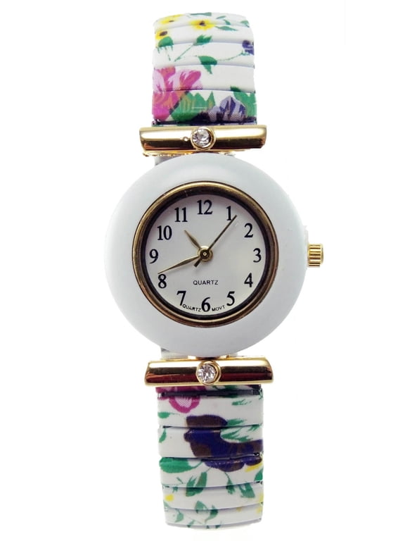 Women's White Floral Stretch Band Watch Crystal Accents Easy Read Dial