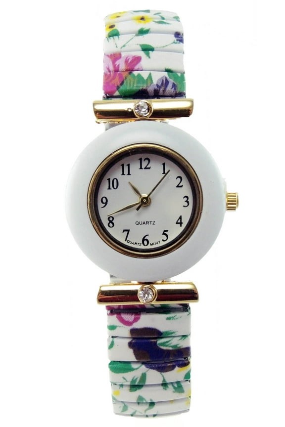 Women's White Floral Stretch Band Watch Crystal Accents Easy Read Dial