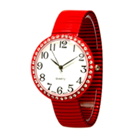 LINEL Women's White Jumbo Dial Stretch Band Watch Crystal Bezel Red Expansion Band Wristwatch