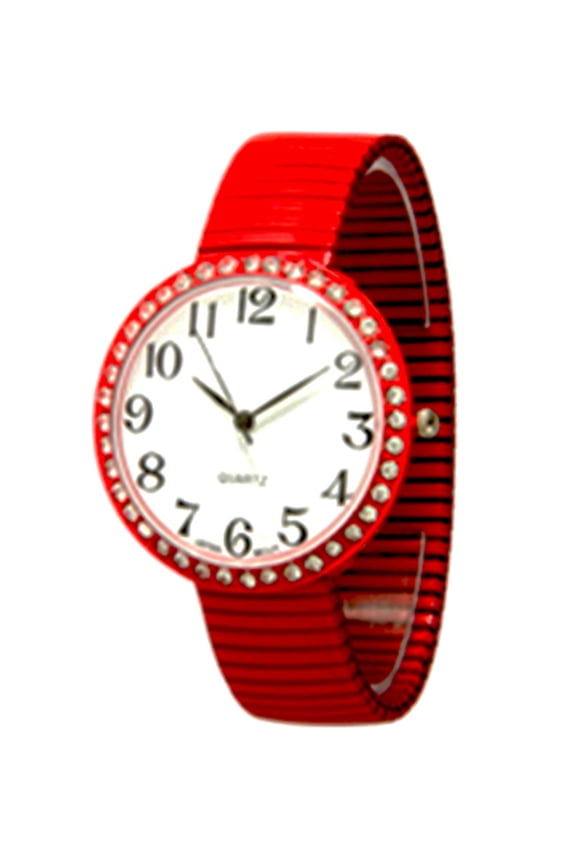 Women's White Jumbo Dial Stretch Band Watch Crystal Bezel Red Expansion Band Wristwatch