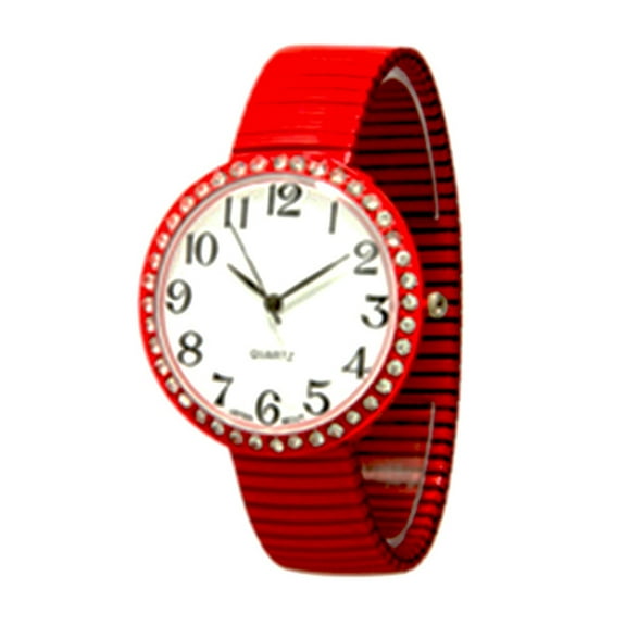 LINEL Women's White Jumbo Dial Stretch Band Watch Crystal Bezel Red Expansion Band Wristwatch