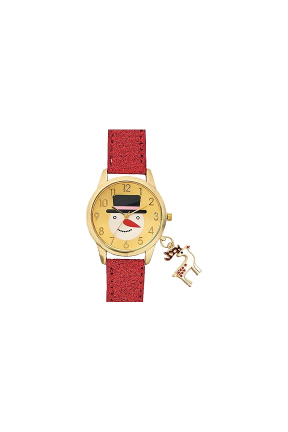 Womens Snowman Dial Christmas Watch Reindeer Charm Red Glitter Band Watch