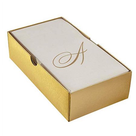 LINEN FEEL DISPOSABLE MONOGRAMMED GUEST TOWELS | European Made | Initial ?A? | 24 pc | for Upscale Wedding and Dining (Ivory/Gold)