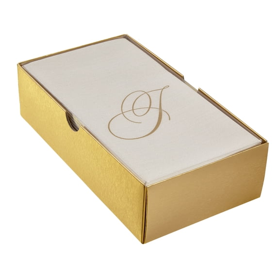 LINEN FEEL DISPOSABLE MONOGRAMMED GUEST TOWELS | European Made | Initial "J" | 24 pc | Napkins for Wedding, Dinners, Events and More (Ivory/Gold)