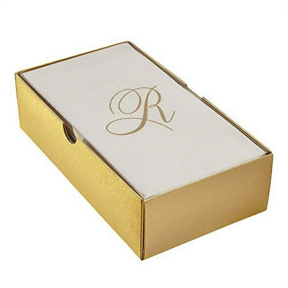 LINEN FEEL DISPOSABLE MONOGRAMMED GUEST TOWELS | European Made | Initial ?R? | 24 pc | for Upscale Wedding and Dining (Ivory/Gold)