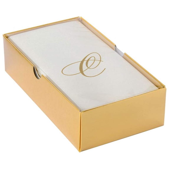 LINEN FEEL DISPOSABLE MONOGRAMMED GUEST TOWELS | Initial “C” | 24 pc | for Upscale Wedding and Dining (Ivory/Gold)