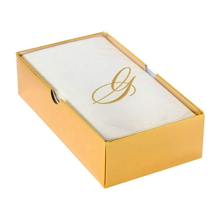 LINEN FEEL DISPOSABLE MONOGRAMMED GUEST TOWELS | Initial “G” | 24 pc | for Upscale Wedding and Dining (Ivory/Gold)